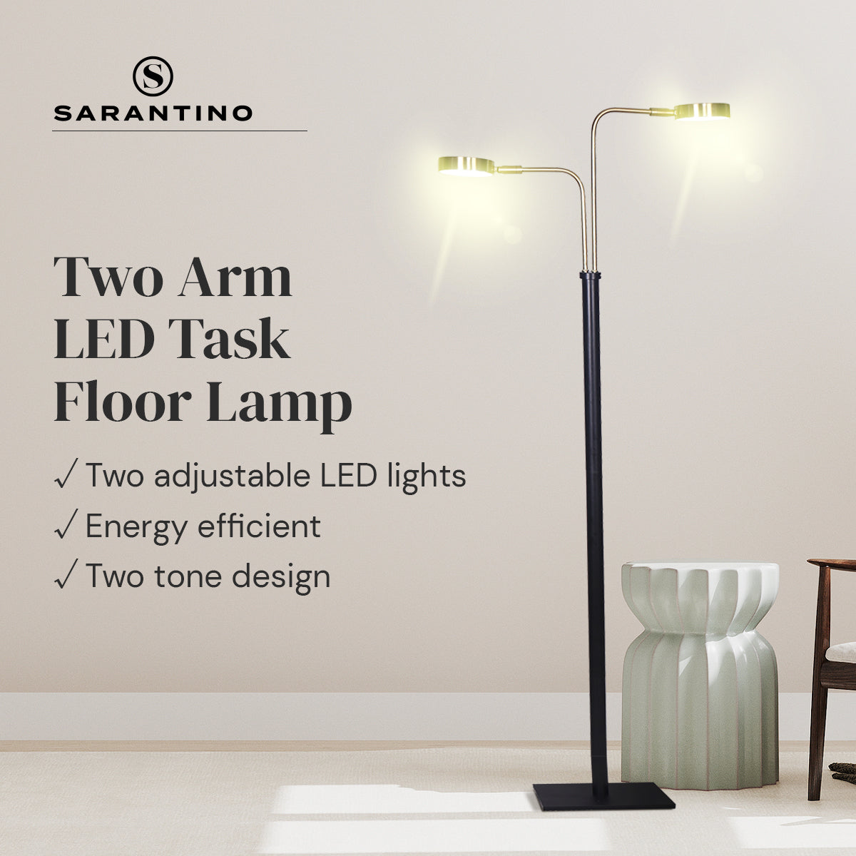 Sarantino Dual LED Floor Lamp Adjustable Black Metal & Brushed Gold Twin Reading Task Standing Light for Home Office