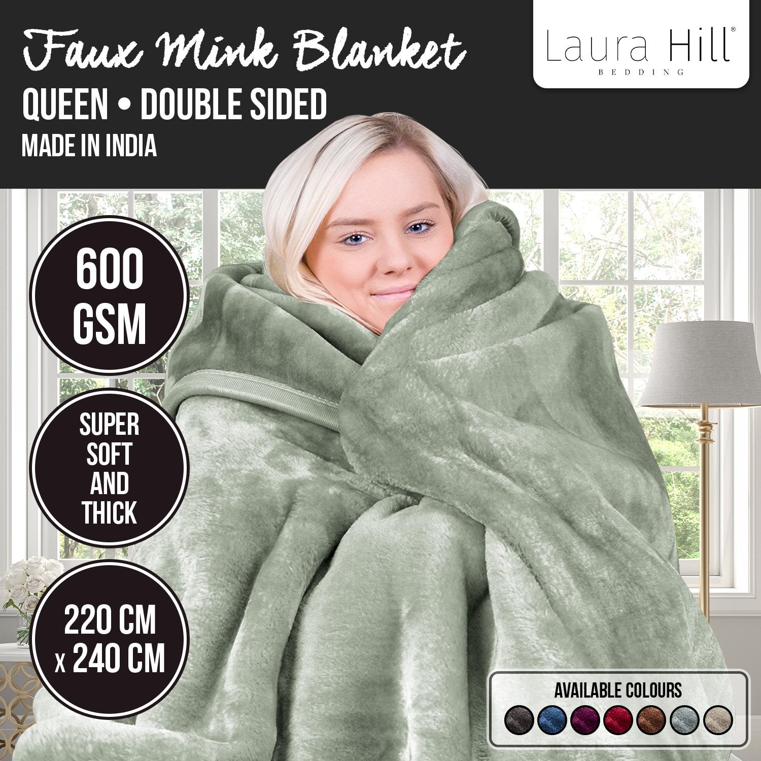 Laura Hill 600-GSM Mink Blanket Queen Size Double-Sided Soft Plush Bed Faux Throw Rug 220 X 240cm Sage