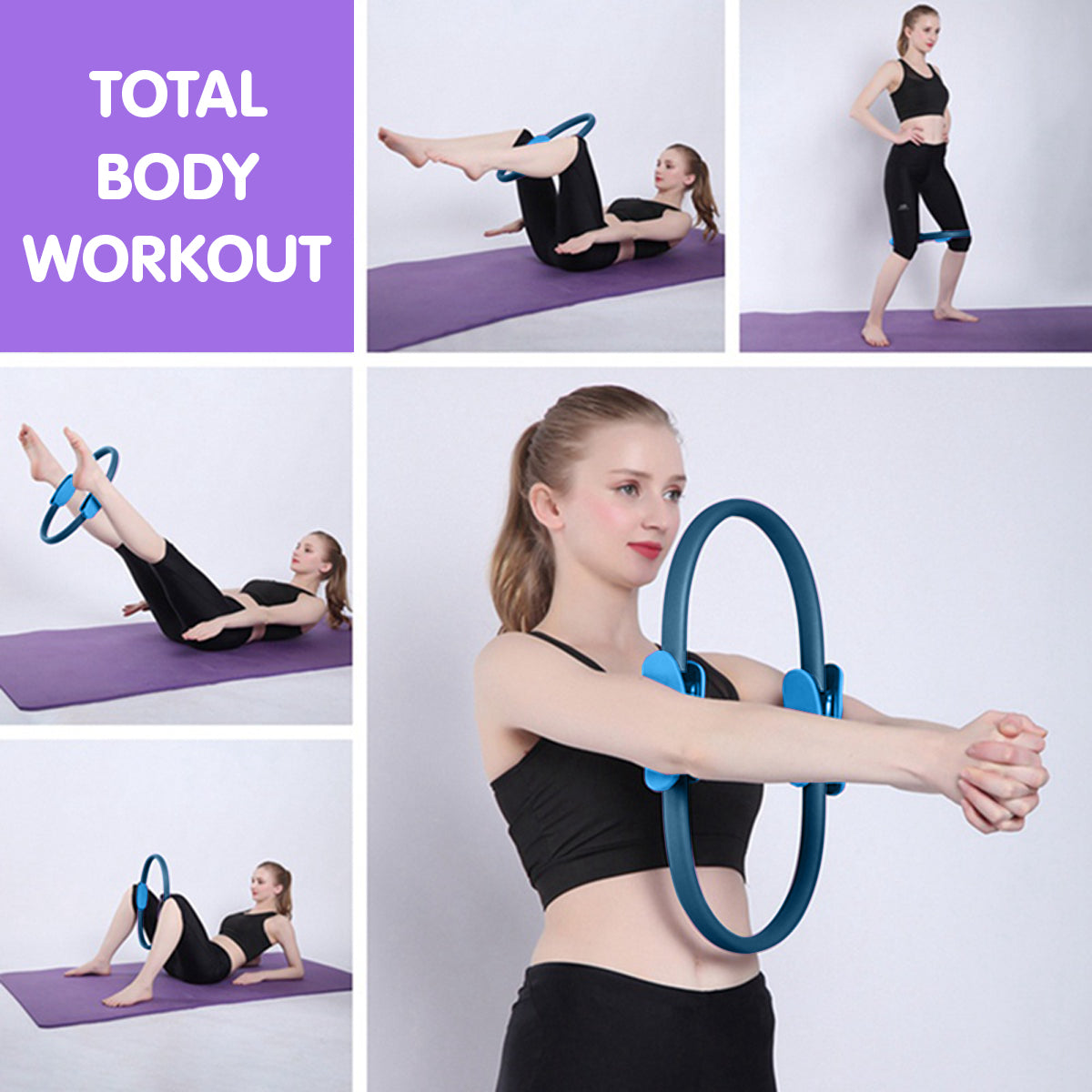 Powertrain 40cm Pilates Ring Magic Fitness Circle Dual Grip Handles for Yoga Core Thigh Workout Resistance - Blue