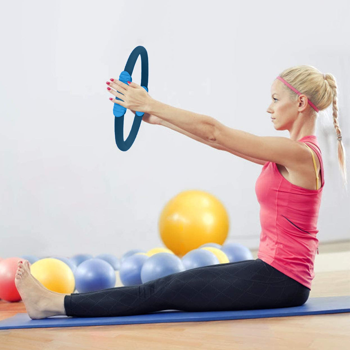 Powertrain 40cm Pilates Ring Magic Fitness Circle Dual Grip Handles for Yoga Core Thigh Workout Resistance - Blue