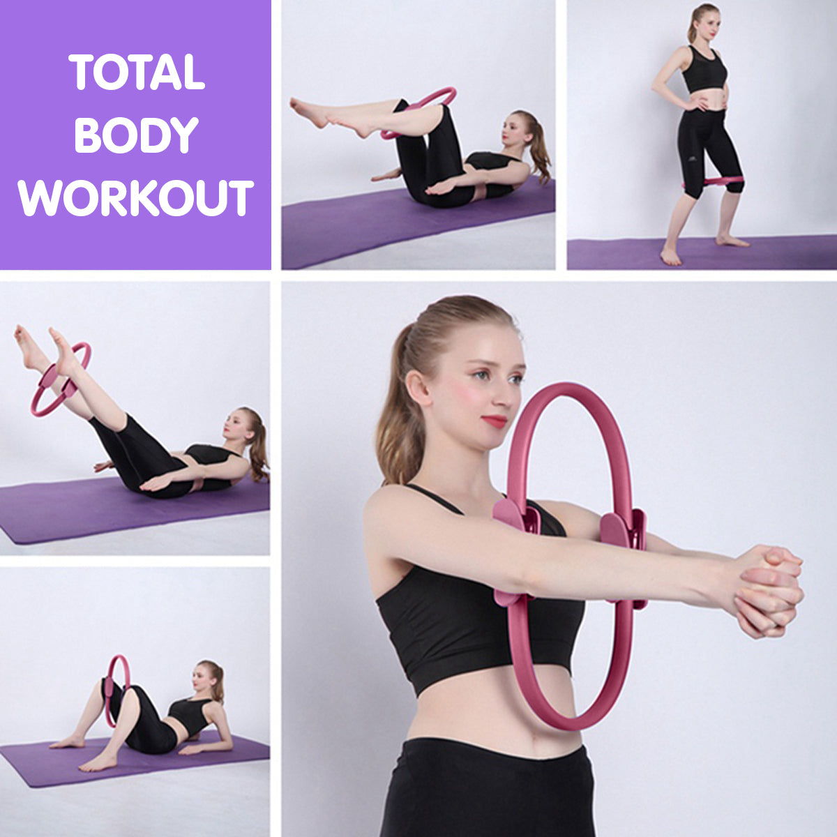 Powertrain 40cm Pilates Ring Magic Fitness Circle Dual Grip Handles for Yoga Core Thigh Workout Resistance - Pink