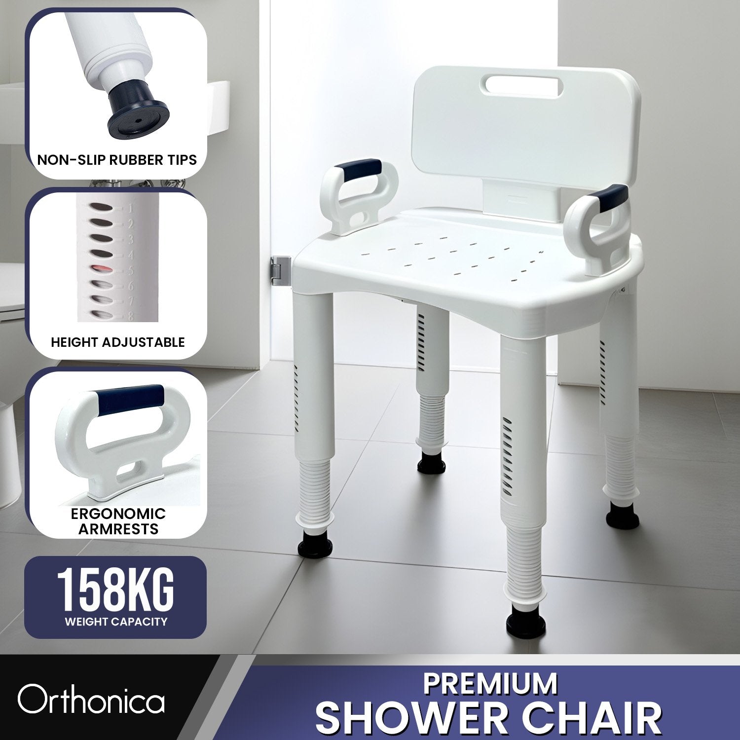 Orthonica Adjustable Shower Chair with Armrests Non-Slip Bath Seat Stool for Seniors Elderly Heavy Duty 158kg Capacity