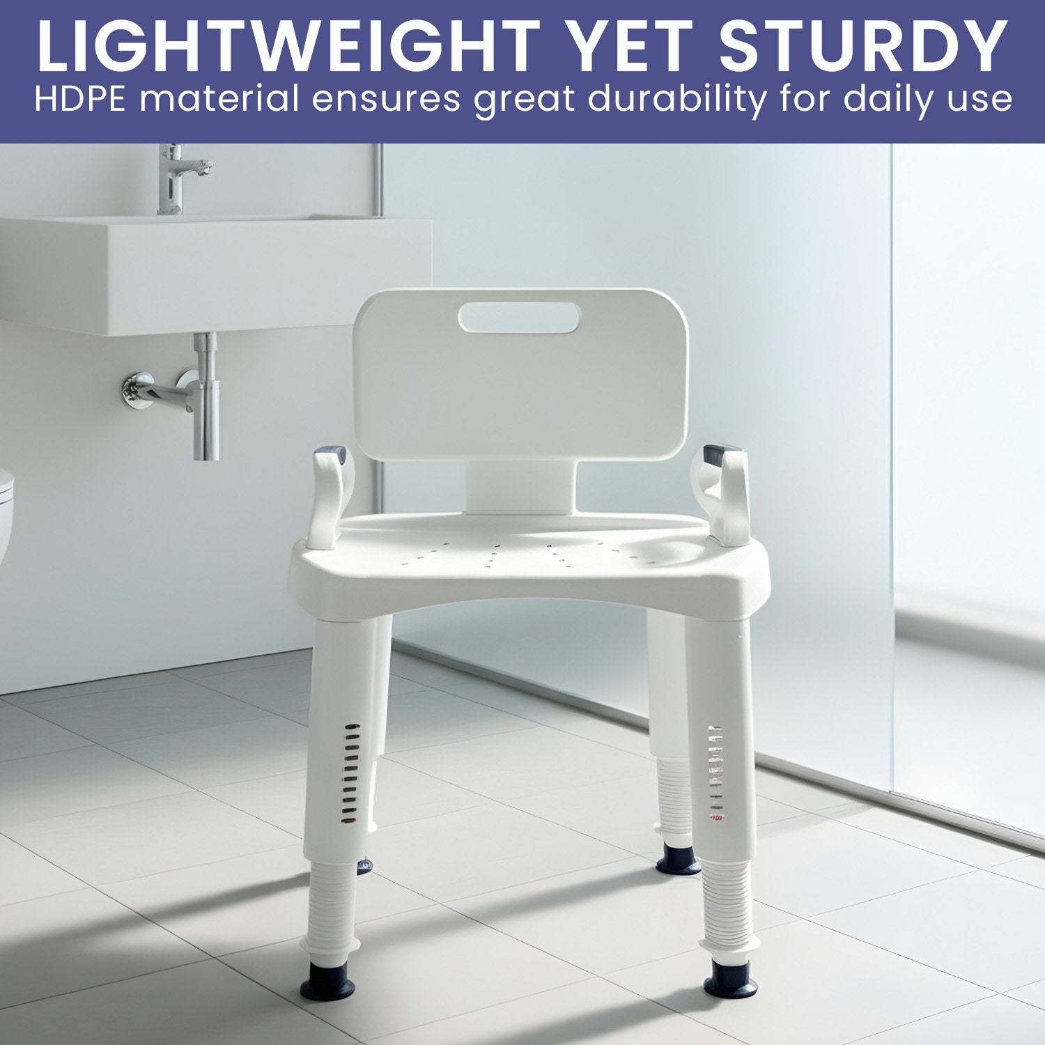Orthonica Adjustable Shower Chair with Armrests Non-Slip Bath Seat Stool for Seniors Elderly Heavy Duty 158kg Capacity