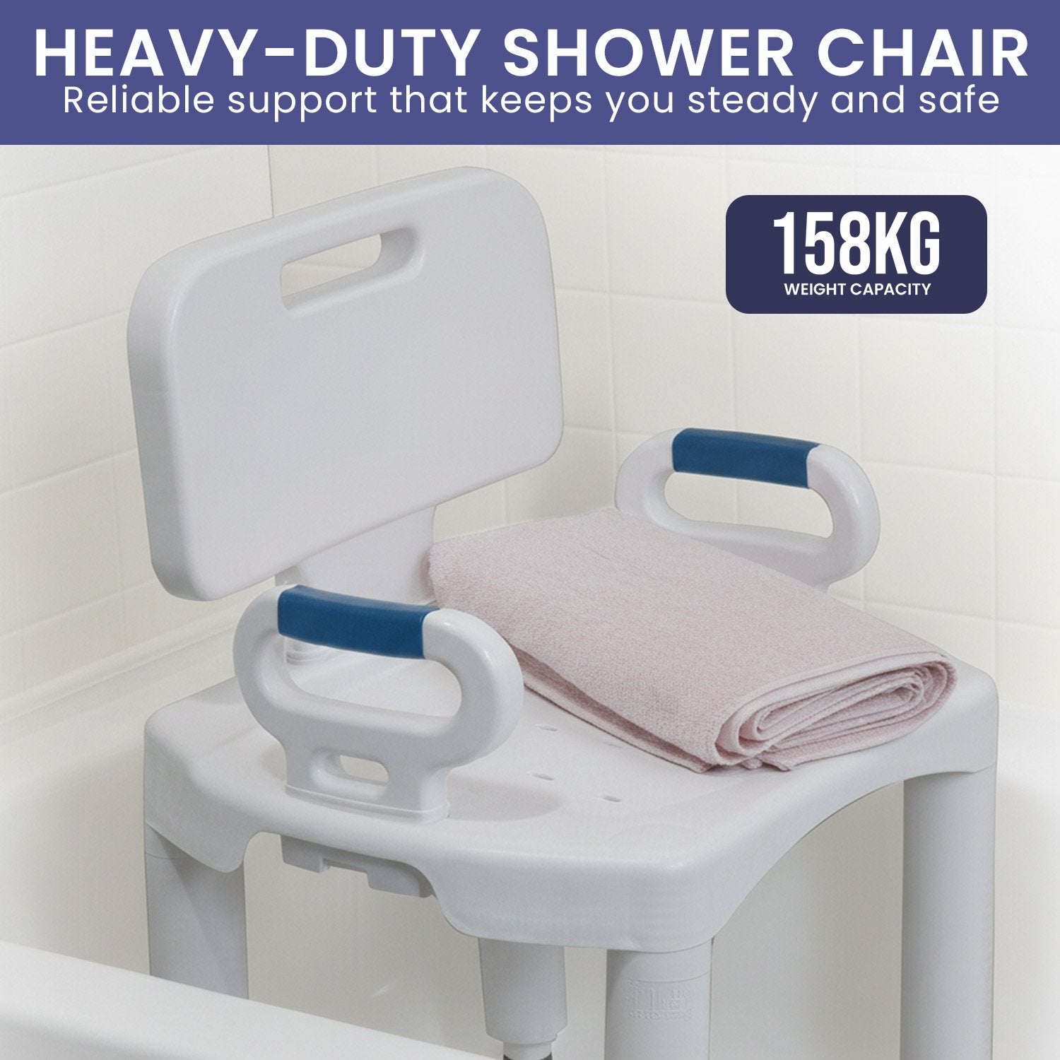 Orthonica Adjustable Shower Chair with Armrests Non-Slip Bath Seat Stool for Seniors Elderly Heavy Duty 158kg Capacity