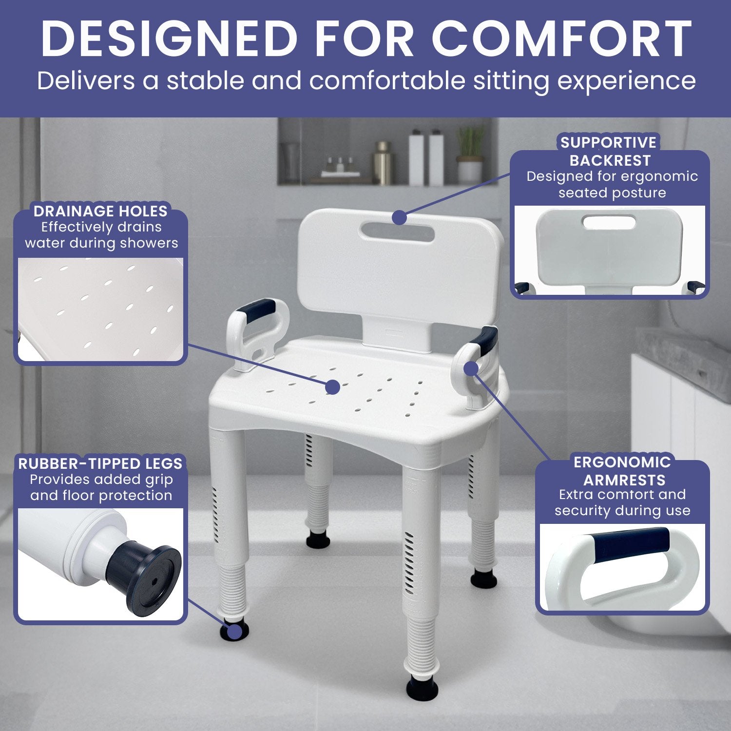 Orthonica Adjustable Shower Chair with Armrests Non-Slip Bath Seat Stool for Seniors Elderly Heavy Duty 158kg Capacity