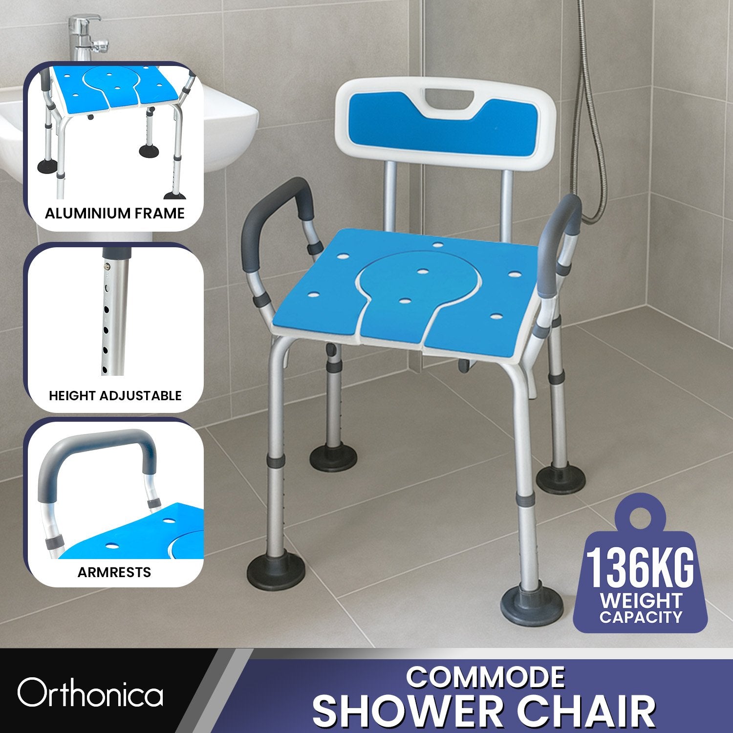 Orthonica Height-Adjustable Aluminium Commode Shower Chair with Armrests Backrest Armrests Soft Stool Seat Aid