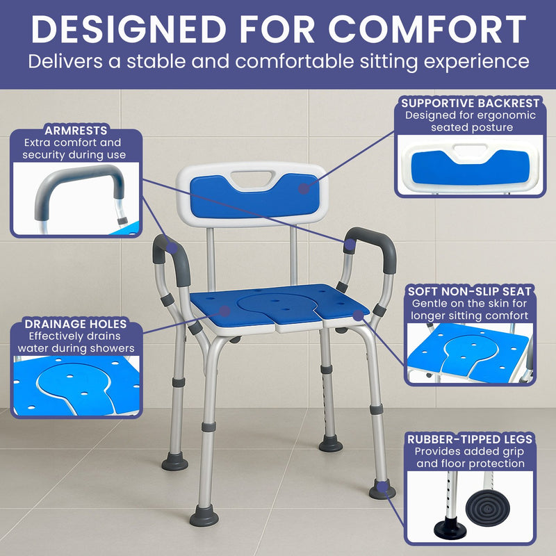 Orthonica Height-Adjustable Aluminium Commode Shower Chair with Armrests Backrest Armrests Soft Stool Seat Aid