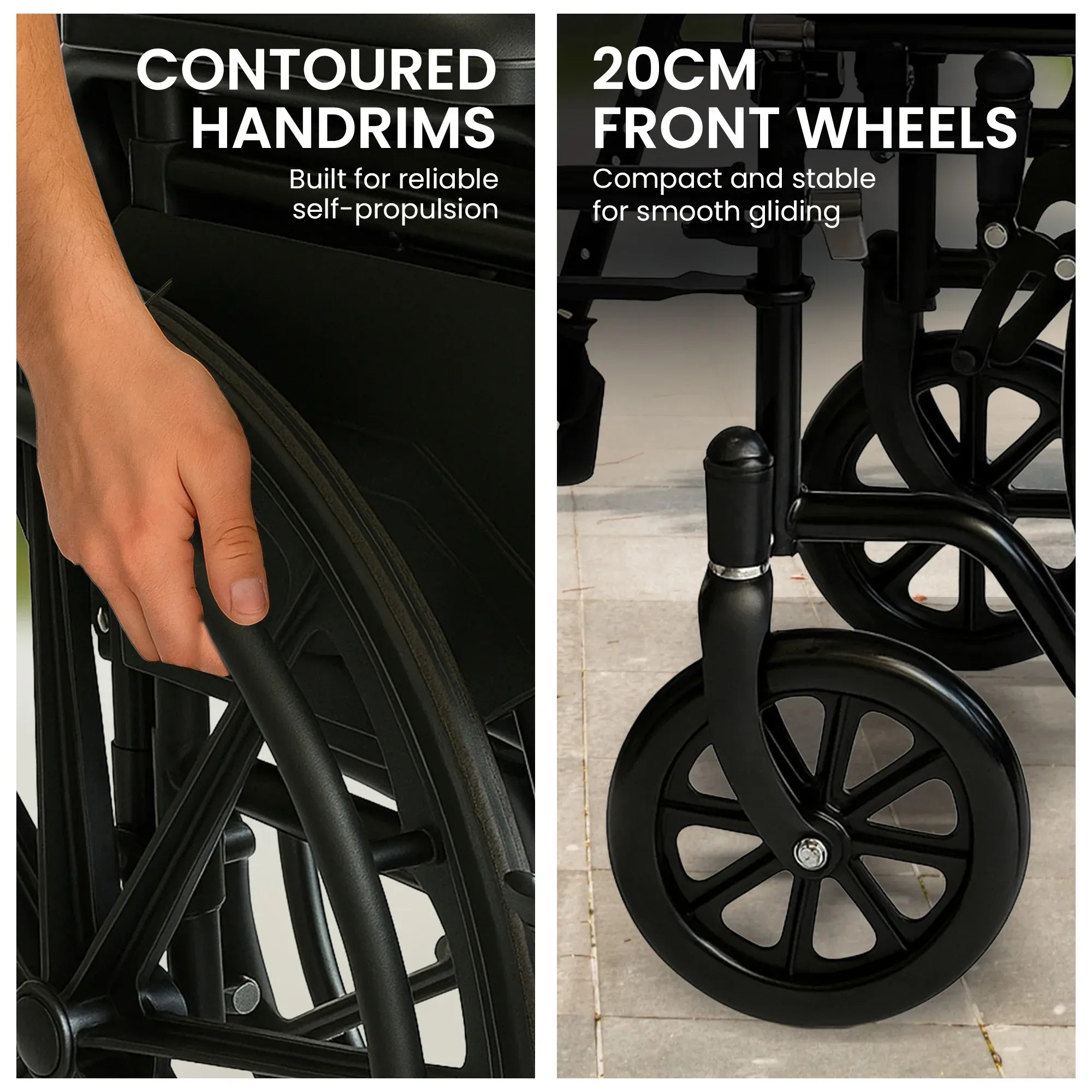 Orthonica 24 Inch Foldable Wheelchair Heavy Duty Steel Frame Manual Mobility & Disability Aid with Brakes Black