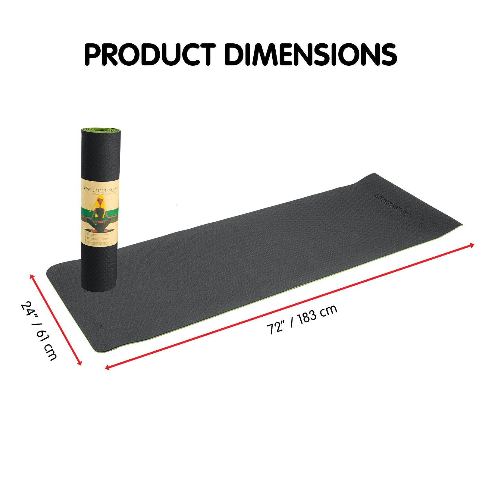Powertrain 8mm Thick TPE Yoga Mat Non-Slip Home Gym Fitness Exercise Pilates Workout Mat with Carry Strap - Black Green