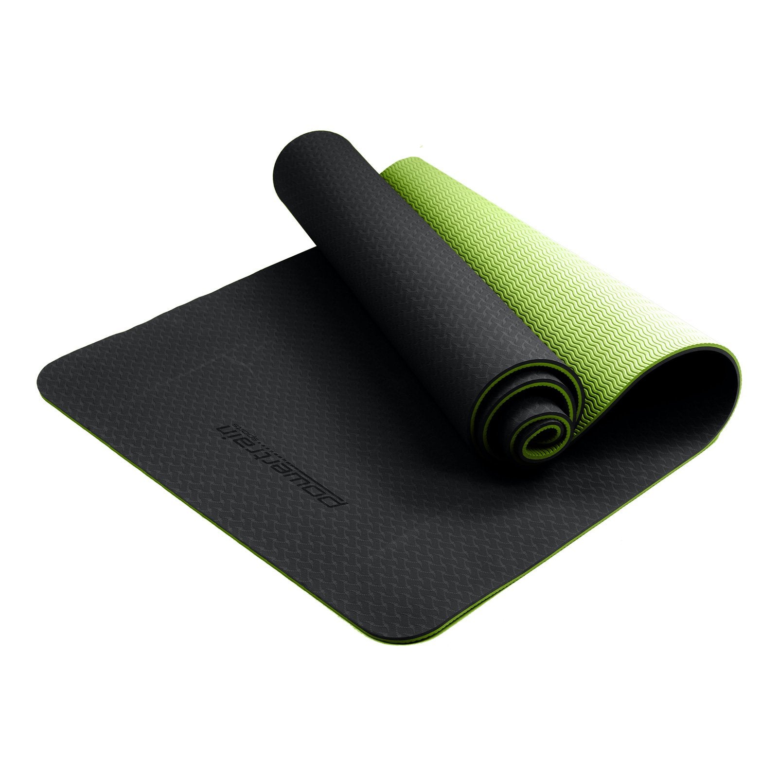 Powertrain 8mm Thick TPE Yoga Mat Non-Slip Home Gym Fitness Exercise Pilates Workout Mat with Carry Strap - Black Green