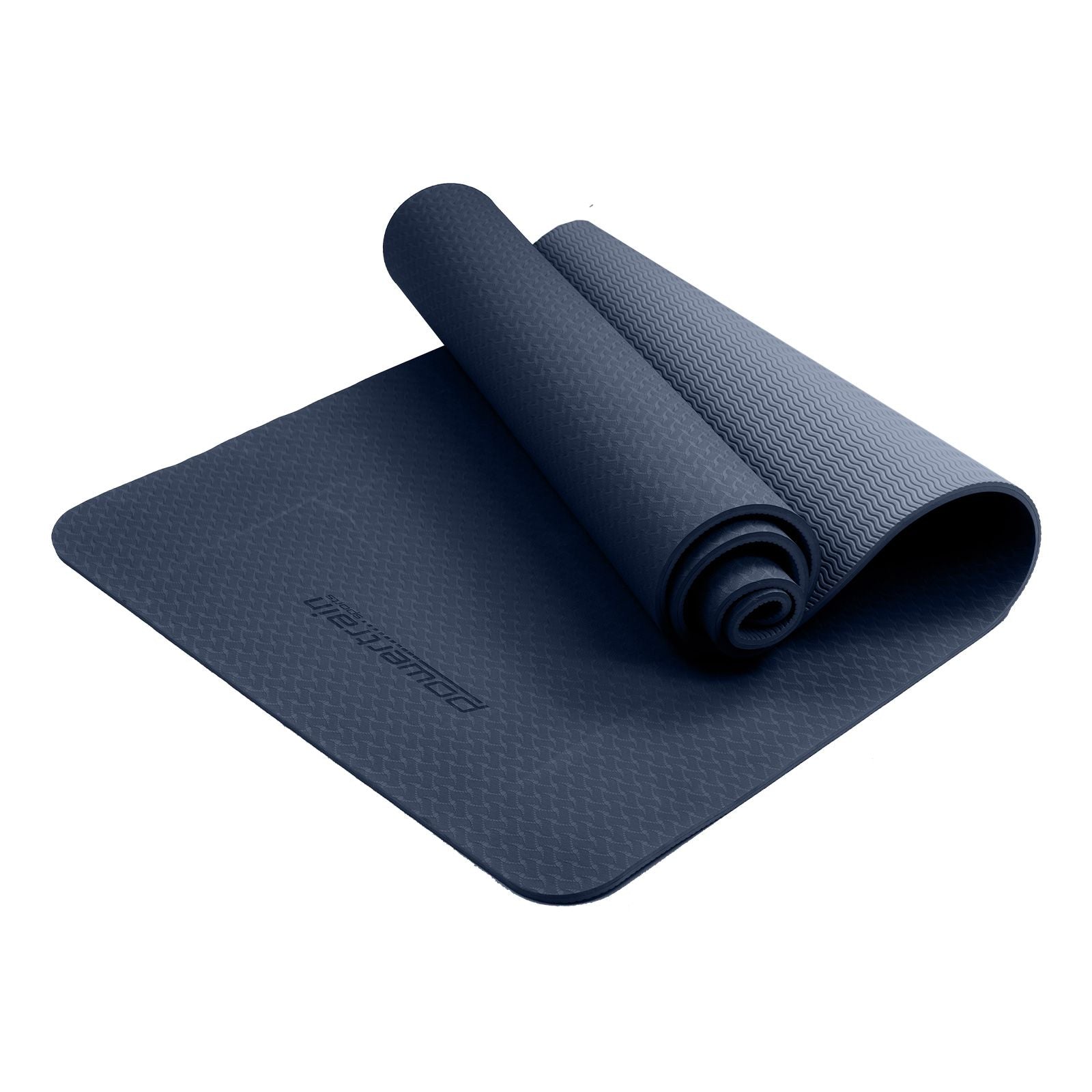 Powertrain 6mm Non-Slip TPE Yoga Mat Double Layer Exercise Pilates Fitness Workout Mat with Carry Strap - Dark Blue