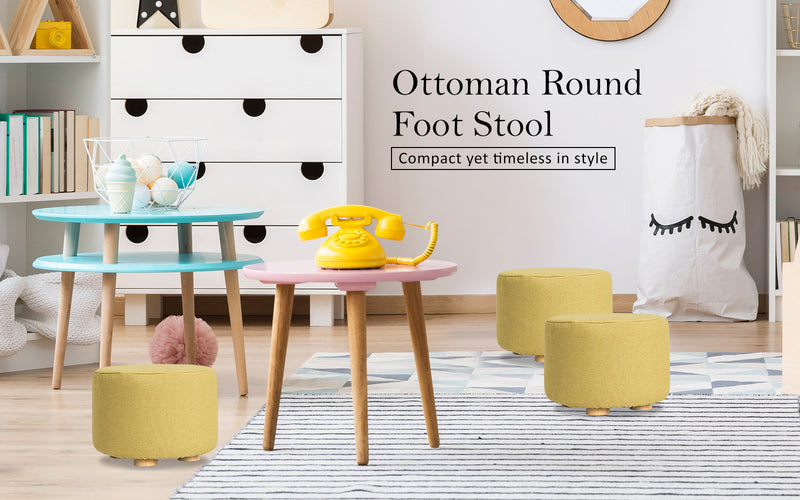 Fabric Ottoman Round Wooden Leg Foot Stool - MUSTARD YELLOW