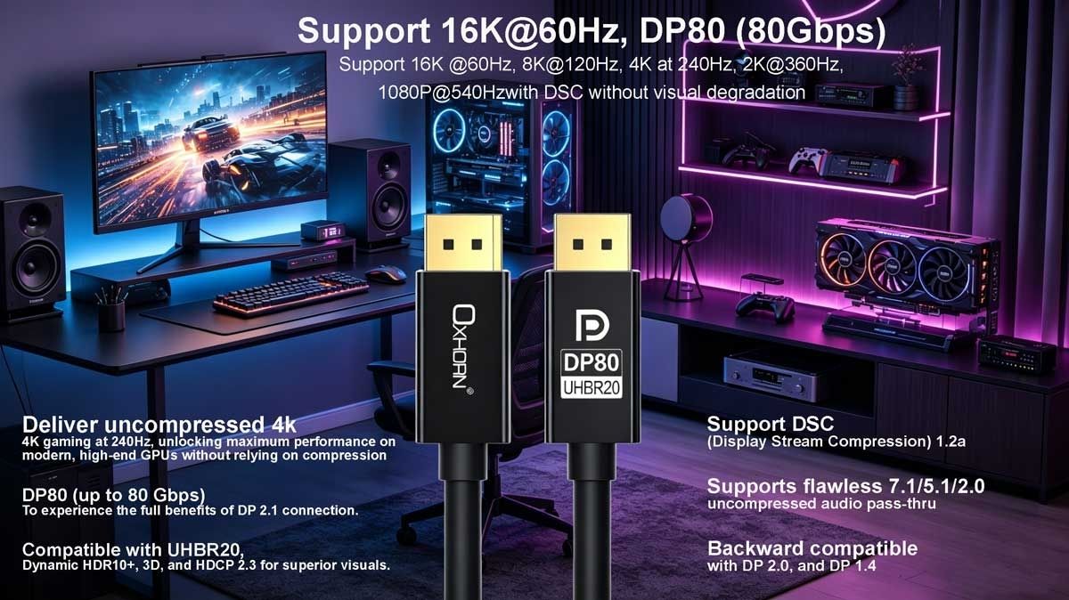 OXHORN CB-DP-16K-05 DisplayPort 2.1 Cable DP80 5m