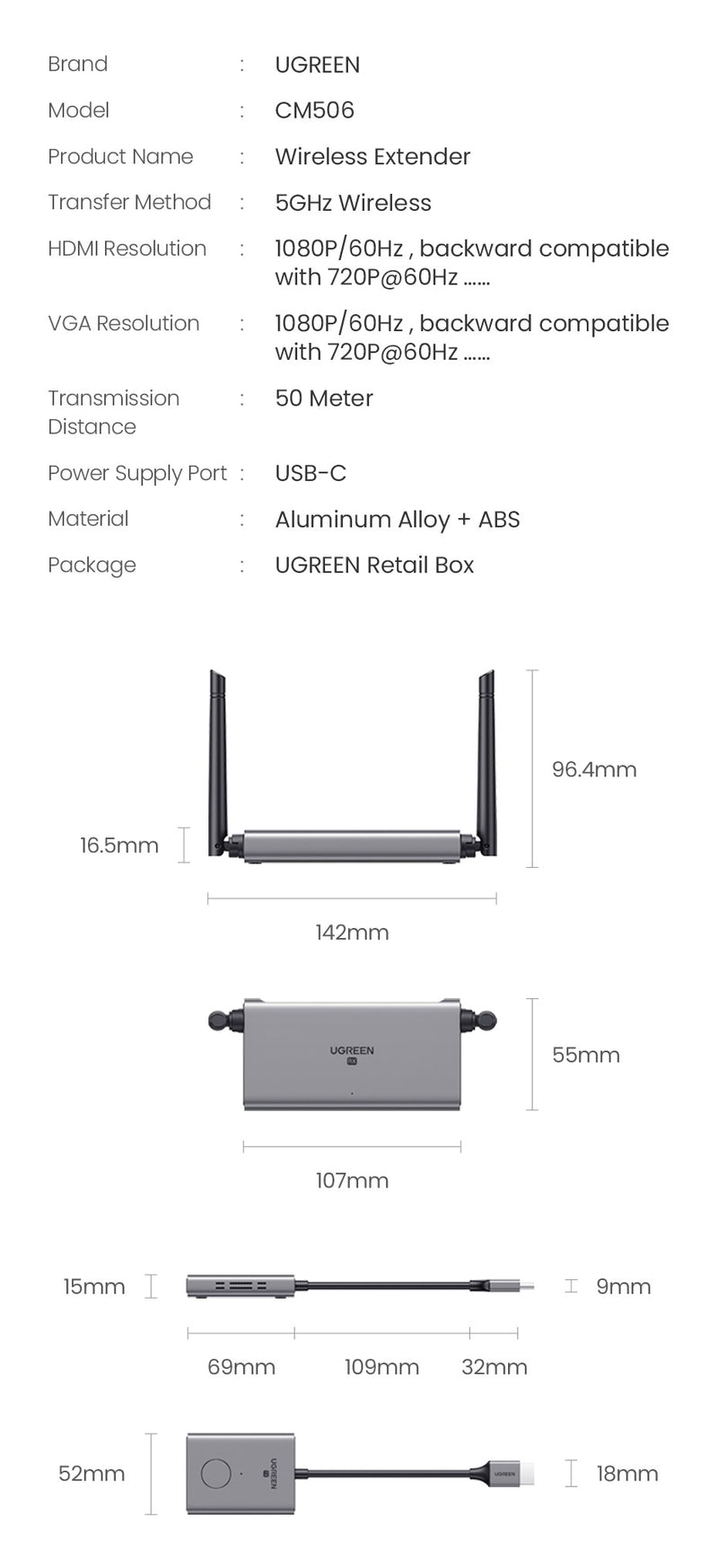 UGREEN 50633A Wireless HDMI Extender Transmitter and Receiver 70m