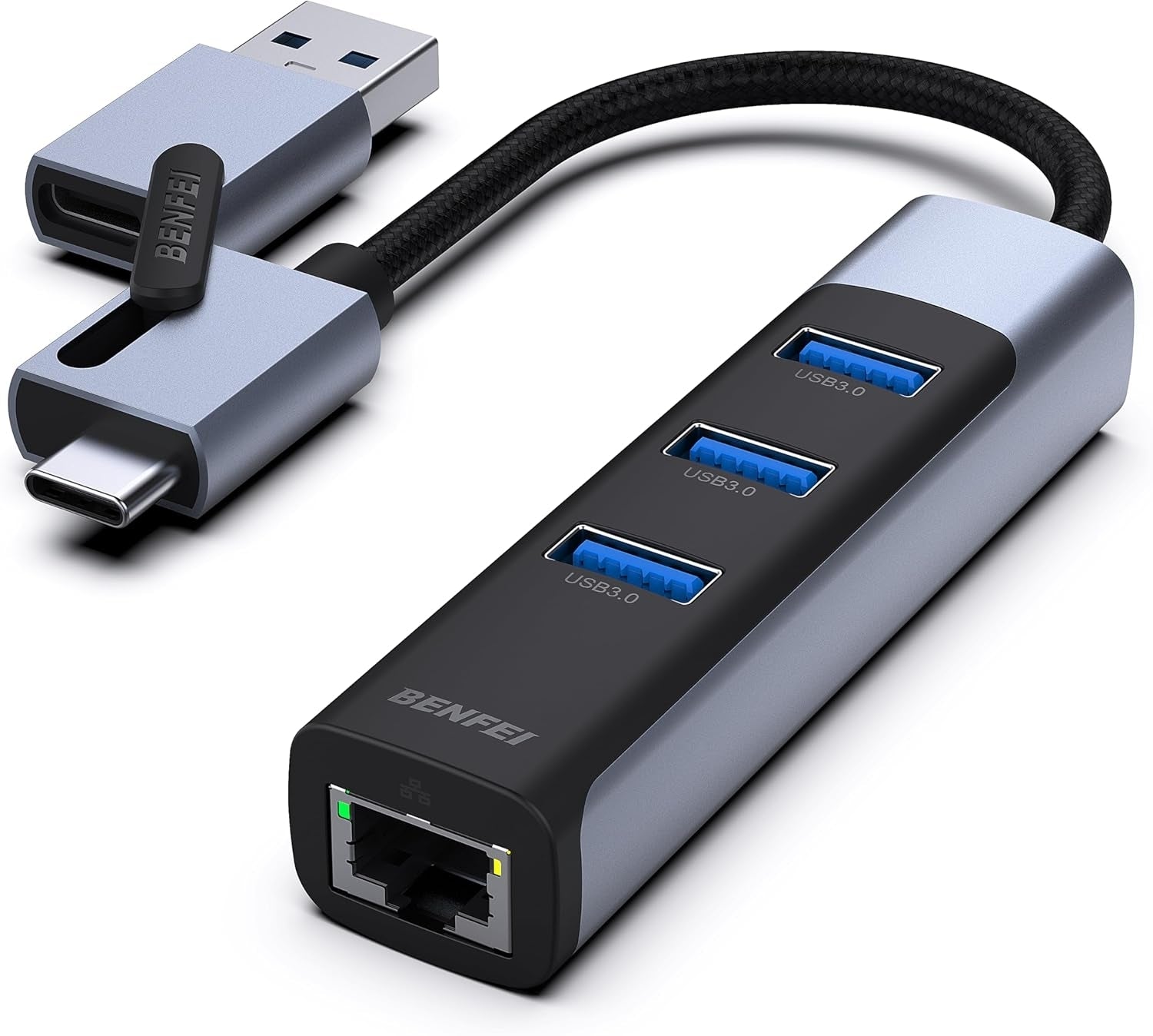 BENFEI 350GY 2-in-1 USB-C+USB 3.0 to RJ45 Gigabit Ethernet Port + 3-Port USB 3.0 HUB