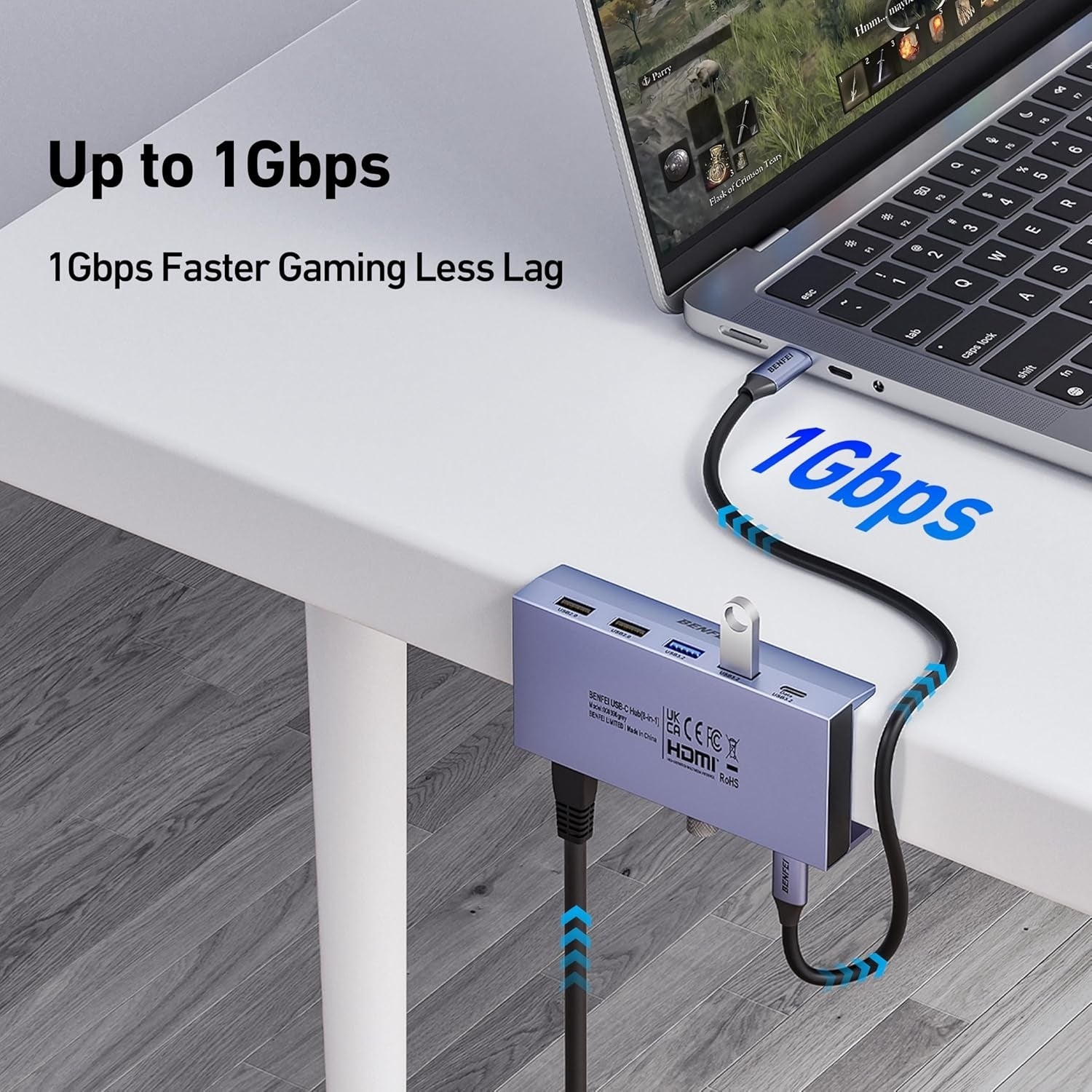 BENFEI 396GY USB-C 8-in-1 Docking HDMI 4K/60Hxz+USB-C(10G)+2xUSB-A(10G)+2xUSB2.0+RJ45+PD100W