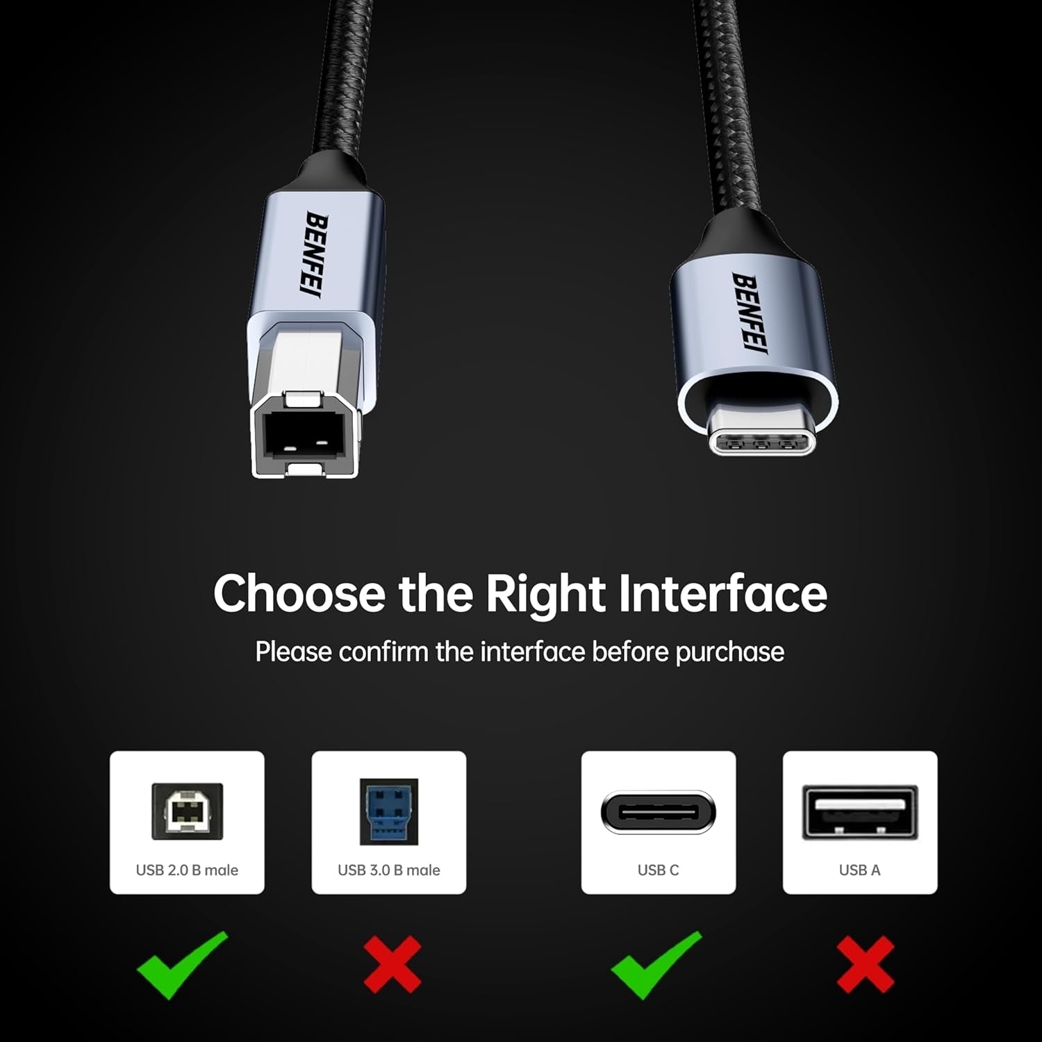BENFEI 405GY-1M USB B to USB C Printer Cable, Nylon Braided, Premium Aluminium Alloy Case 1M