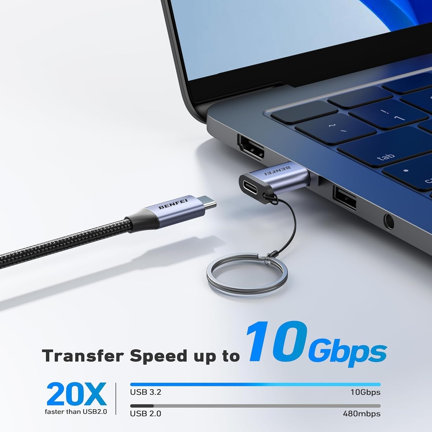 BENFEI 407GY USB Type-A to USB-C Adapter Male to Female Supporting 5V 3A Charging and 10Gbps Data Transmit