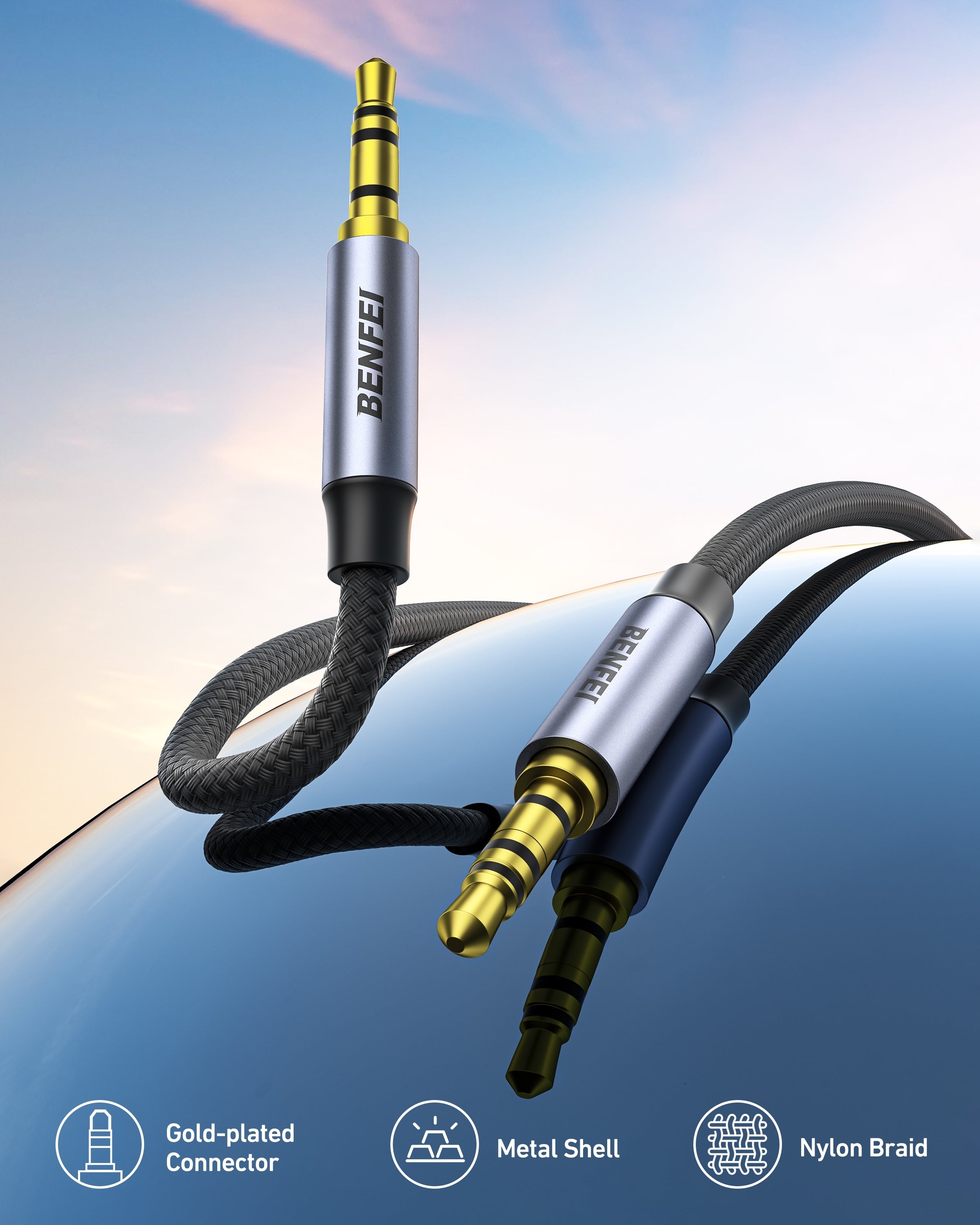 BENFEI 427GY 10M 3.5mm TRRS Male to Male Audio Cable, 4-Pole Stereo Mic Aux Cable, Nylon Braided Headphone Jack Cord