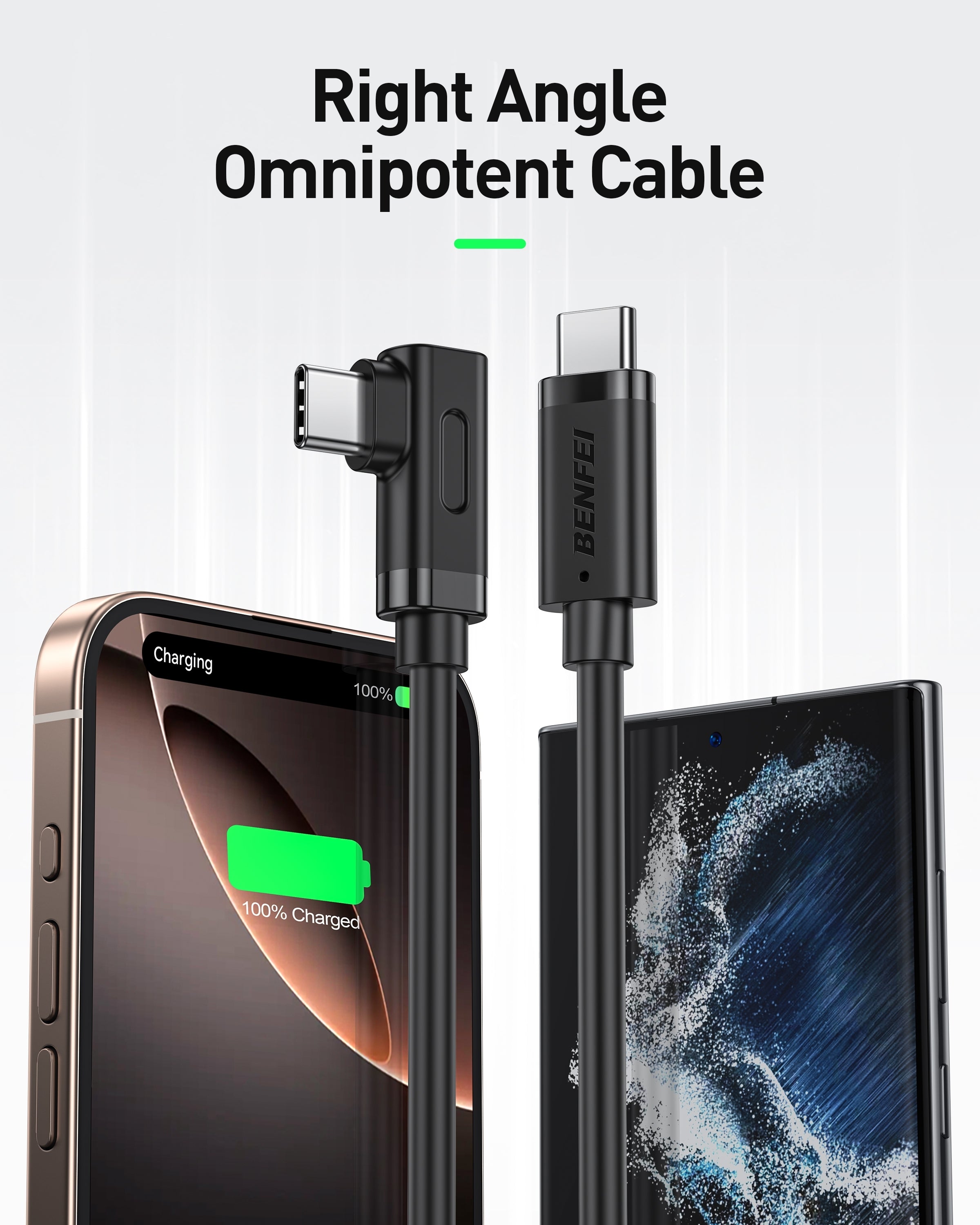 BENFEI 428BK-3M USB C to Right Angle USB C Cable, 90-dgree Angled USB 2.0 Type C Charger Cable, 3A Fast Charging & 480Mbps Data Sync, Durable PVC