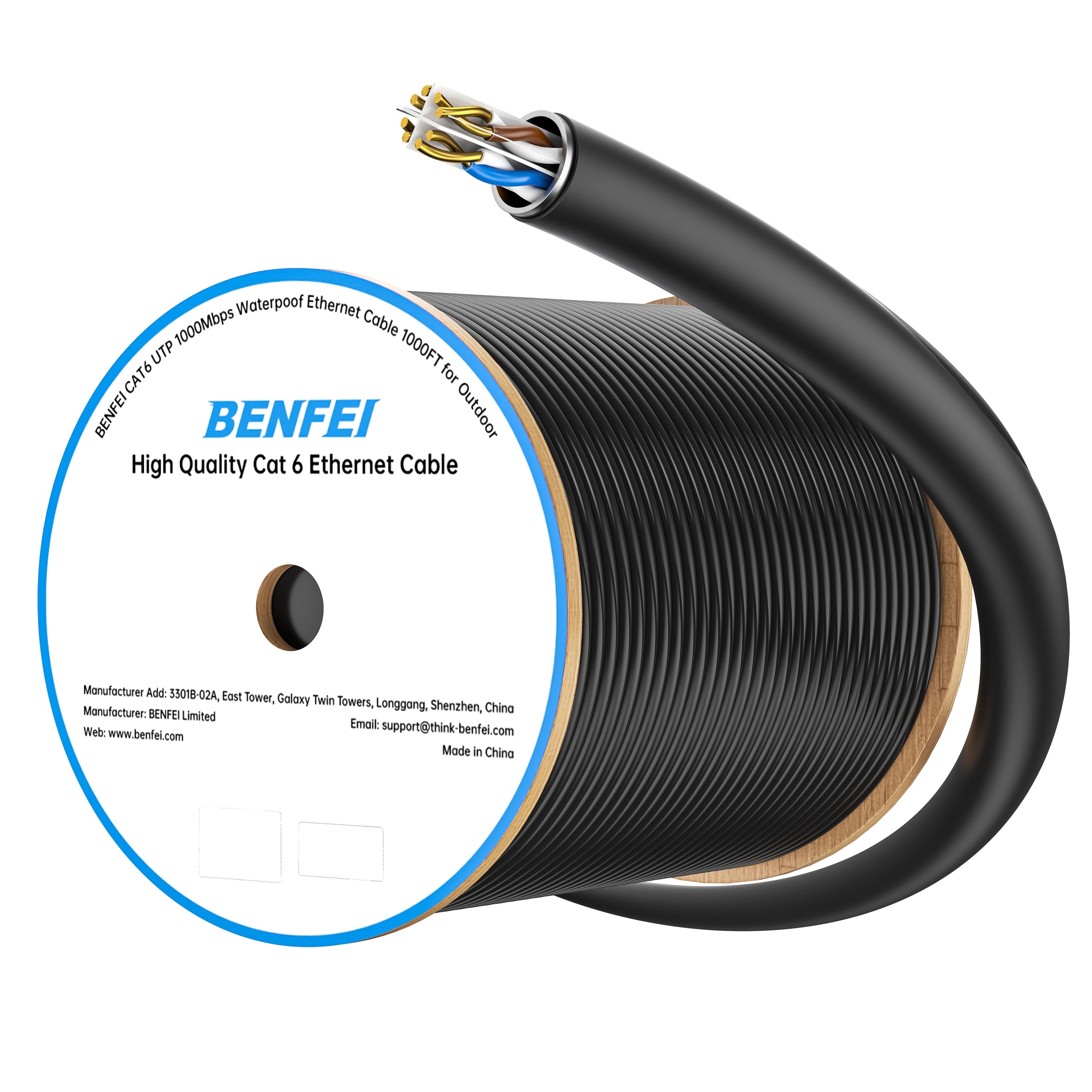 BENFEI 000701BK-305M CAT6 UTP 1000Mbps Waterproof Ethernet Cable 1000FT for Outdoor 305M (Unshielded)