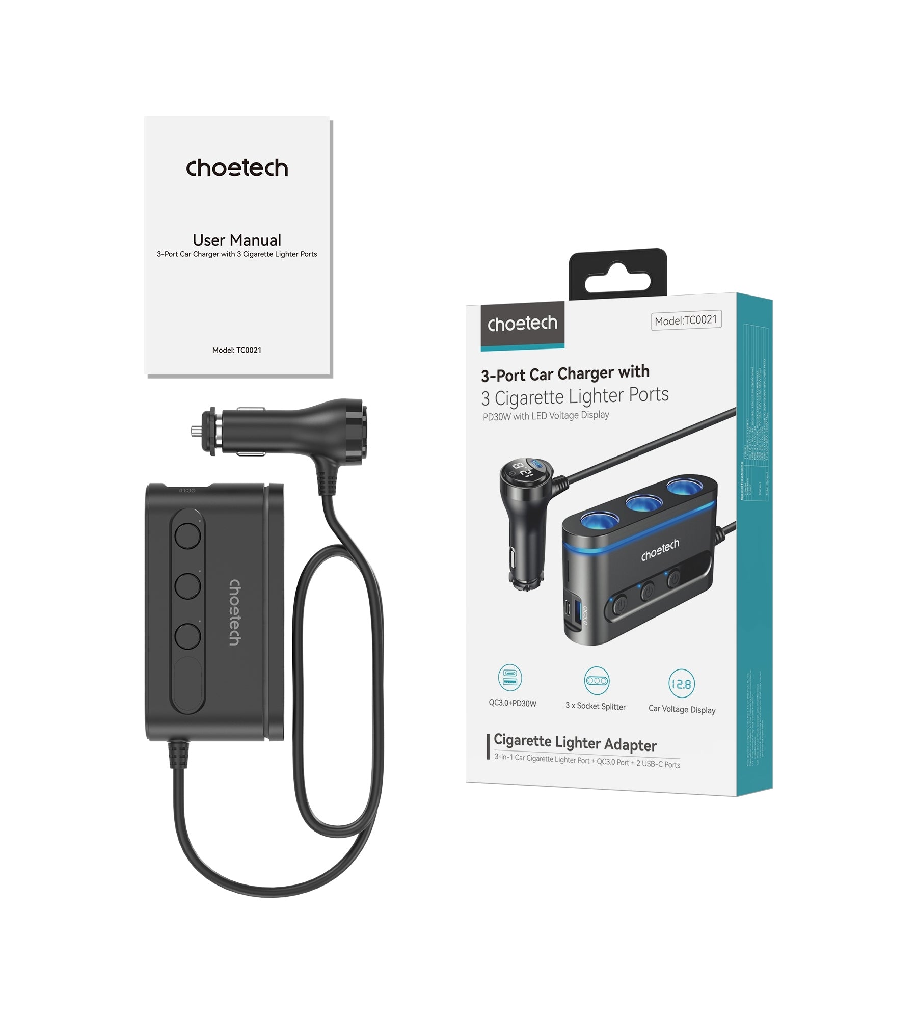 CHOETECH TC0021 3 Sockets 2C+1A Cigarette Lighter Splitter Black
