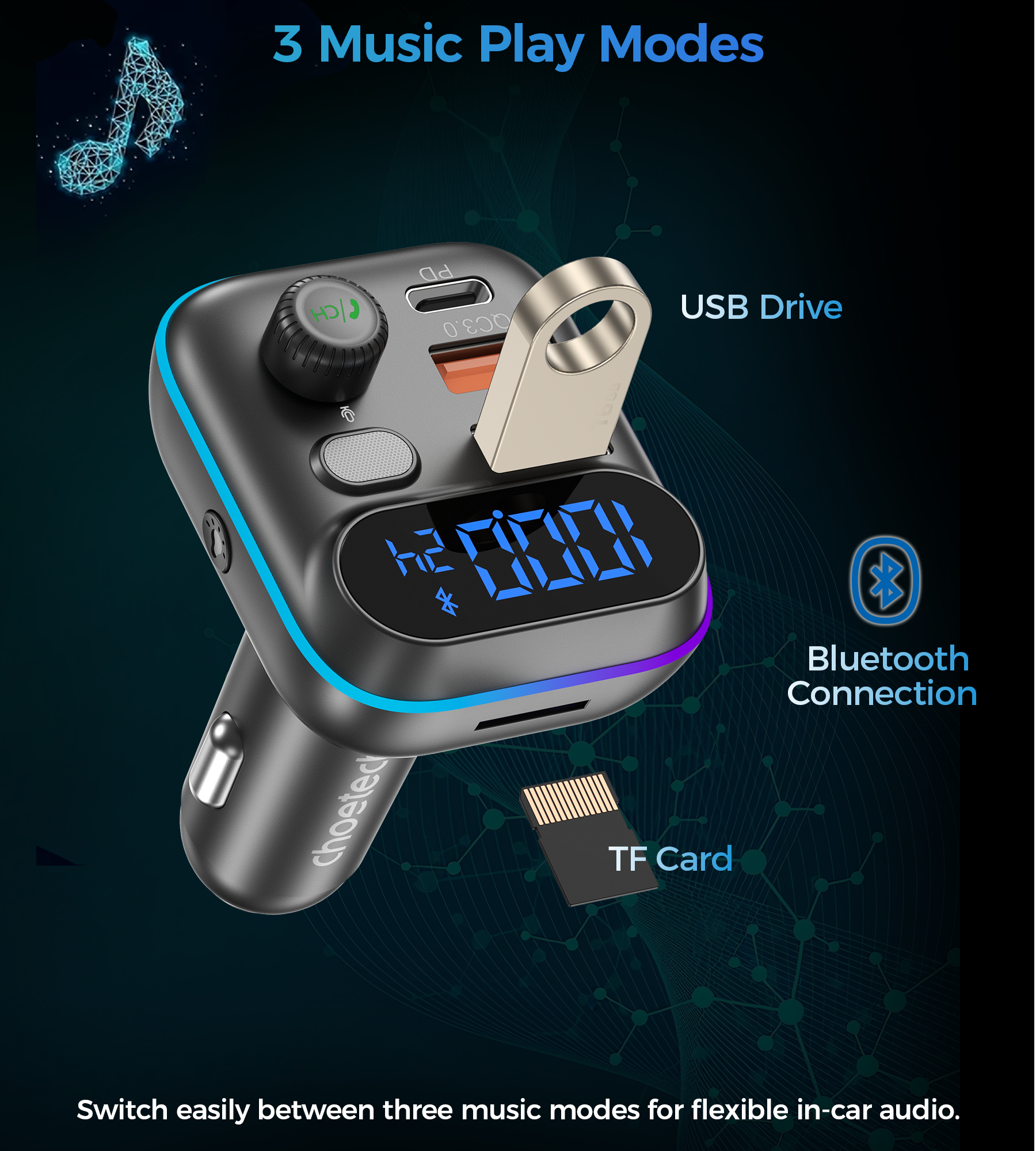 Choetech TC0050 PD36W Bluetooth FM Car Transmitter Charger