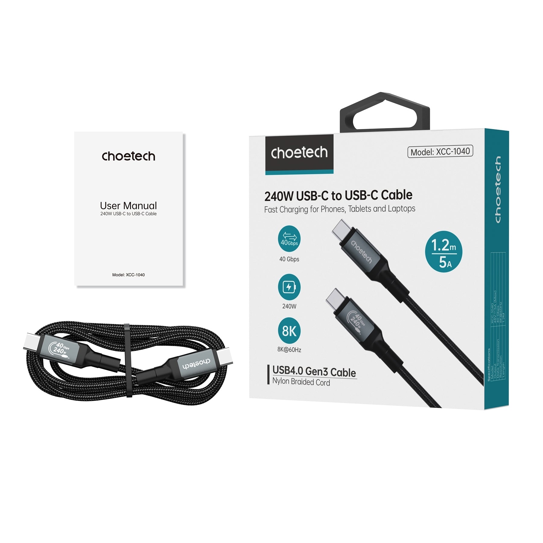 CHOETECH XCC-1042 Gen3.0 USB4.0 with 8K @ 60hz Video & Audio 240W USB-C to C Braided Cable 2M