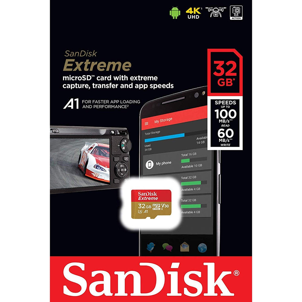 SANDISK SDSQXAF-032G-GN6MN 32GB MICRO SDHC EXTREME A1 V30, UHS-I/ U3, 100MB/s,NO SD ADAPTER