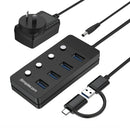 Simplecom CH345C SuperSpeed USB-A and USB-C to 4-Port USB 3.0 Hub 5Gbps Individual Switches and Power Adapter