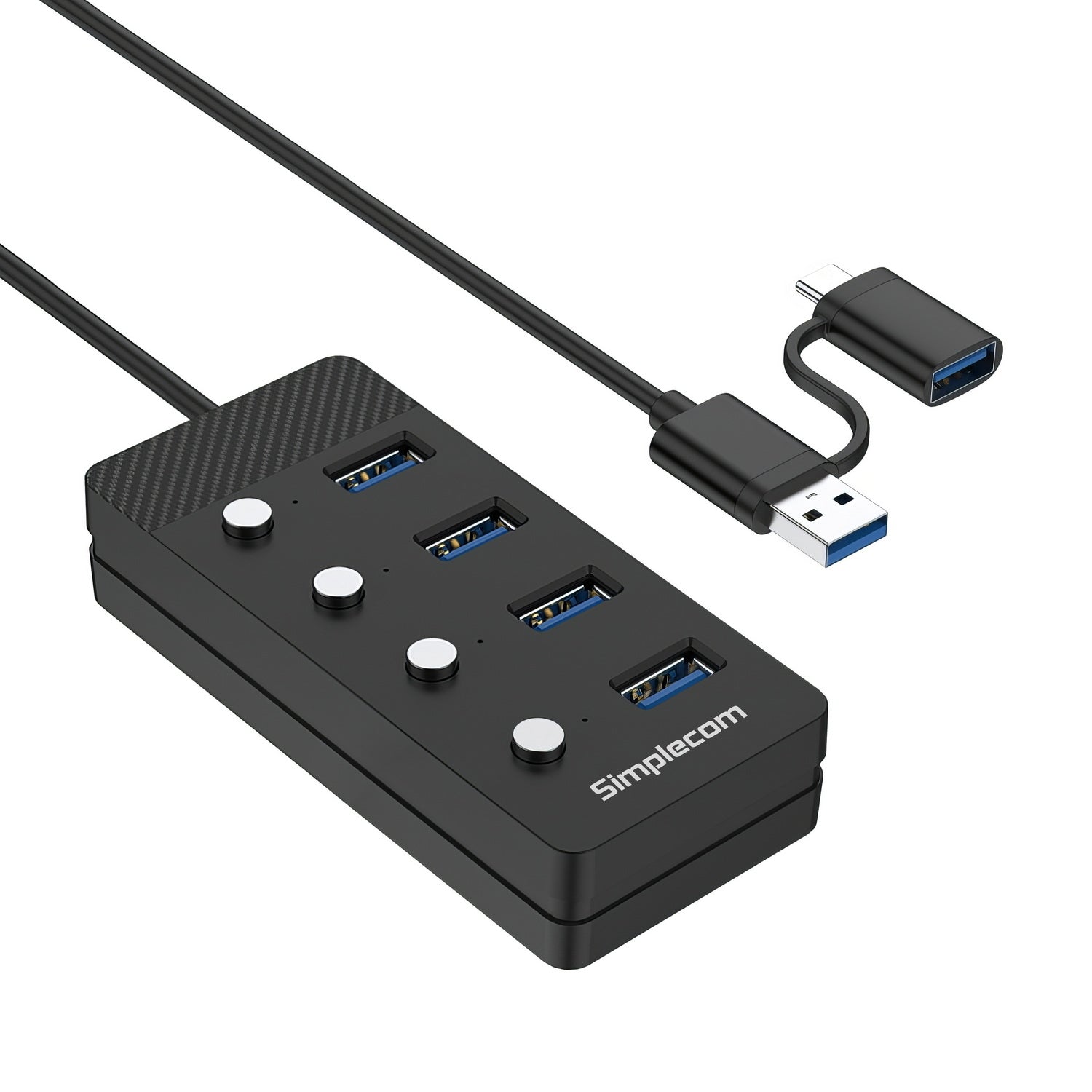 Simplecom CH345C SuperSpeed USB-A and USB-C to 4-Port USB 3.0 Hub 5Gbps Individual Switches and Power Adapter