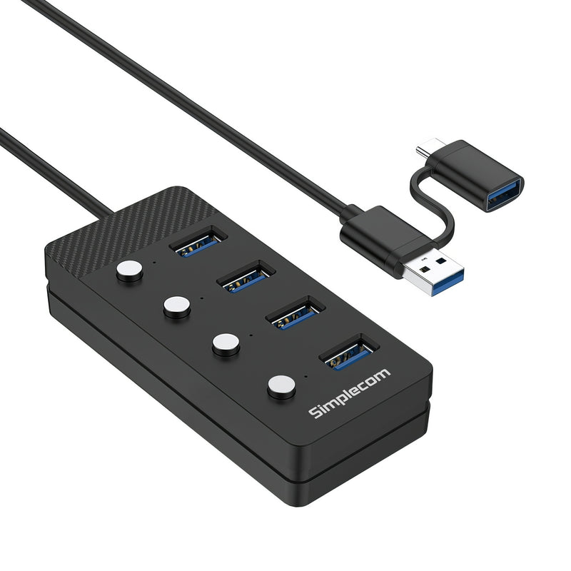 Simplecom CH345C SuperSpeed USB-A and USB-C to 4-Port USB 3.0 Hub 5Gbps Individual Switches and Power Adapter