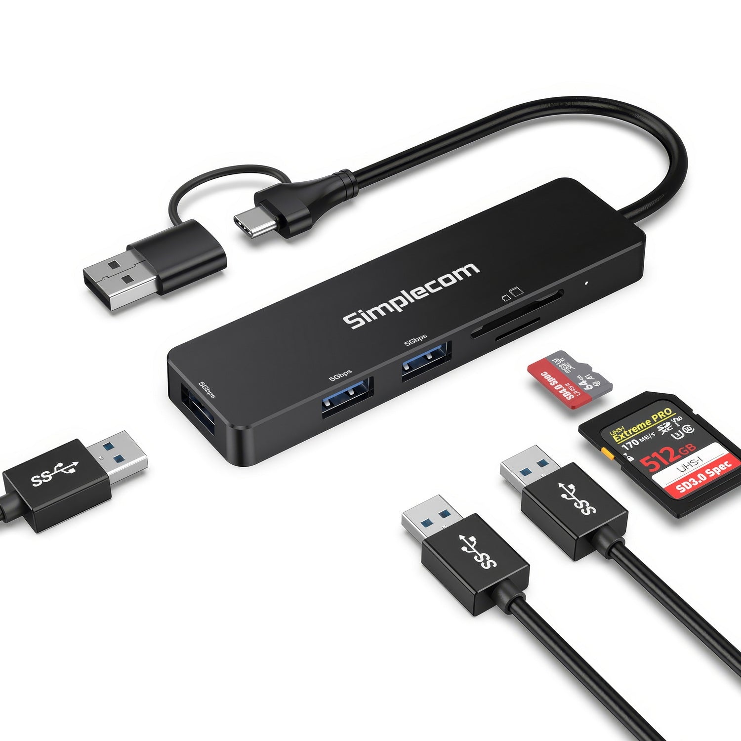Simplecom CH365C SuperSpeed 3-Port USB Hub with SD MicroSD Card Reader USB-A and USB-C Dual Connector
