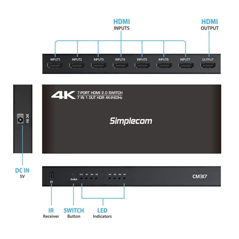 Simplecom CM317 7-Port HDMI 2.0 Switch with Remote 7 IN 1 OUT Splitter HDCP 2.2 4K@60Hz