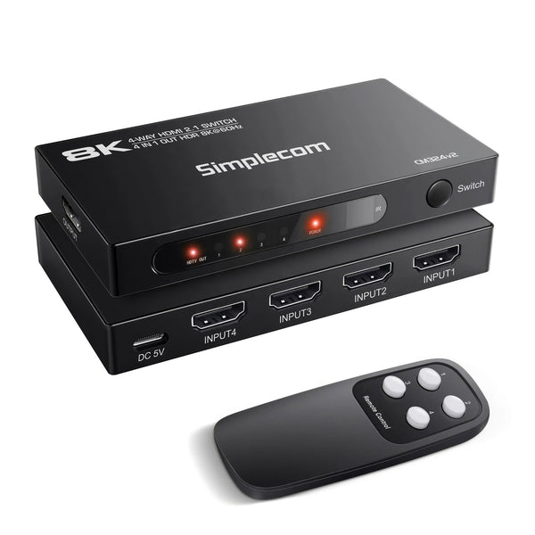 Simplecom CM324v2 4-Port HDMI 2.1 Switch with Remote 4 IN 1 OUT Splitter HDCP 2.3 8K@60Hz