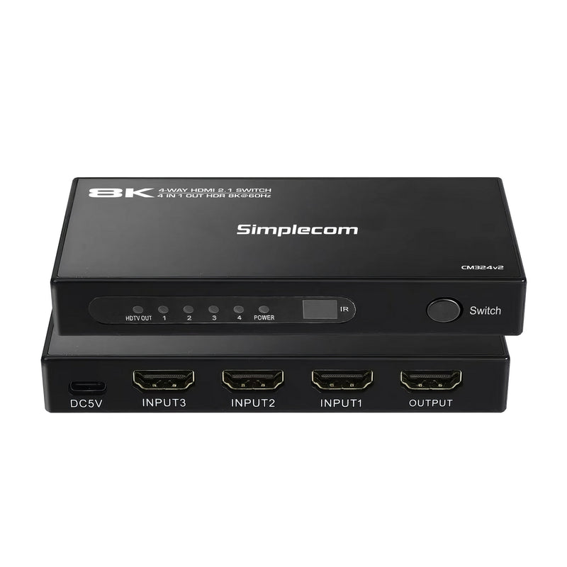 Simplecom CM324v2 4-Port HDMI 2.1 Switch with Remote 4 IN 1 OUT Splitter HDCP 2.3 8K@60Hz