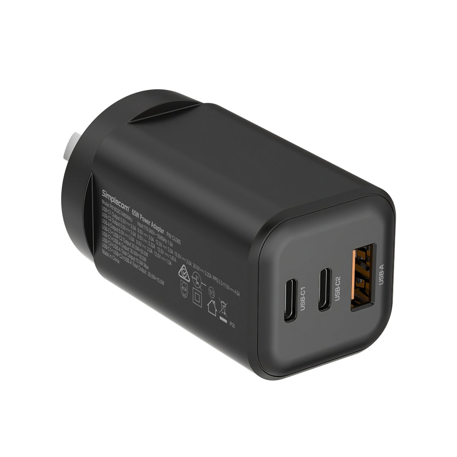 Simplecom CU365 3-Port PD 65W GaN Wall Charger Dual USB-C + USB-A for Phone Laptop