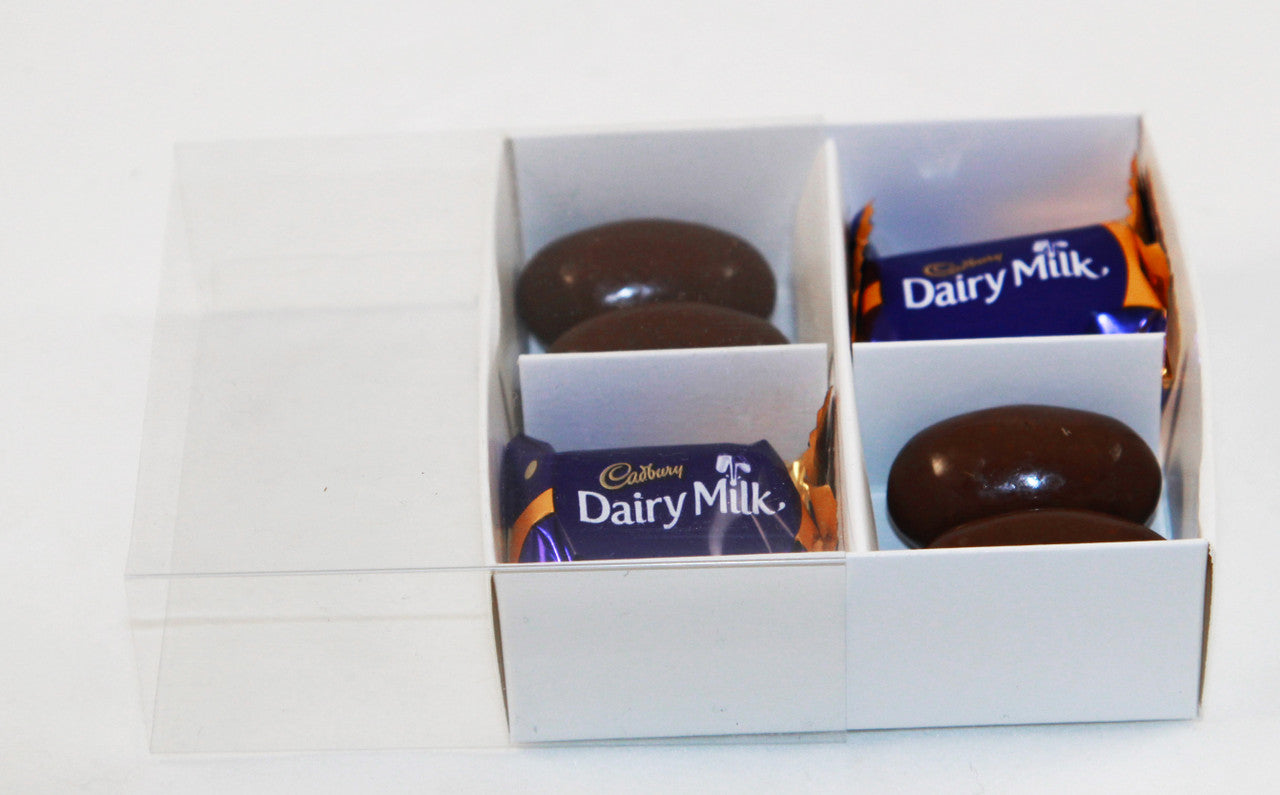 100 Pack of White Card Chocolate Sweet Soap Product Retail Gift Box - 4 Bay Compartments - Clear Slide On Lid - 8x8x3cm