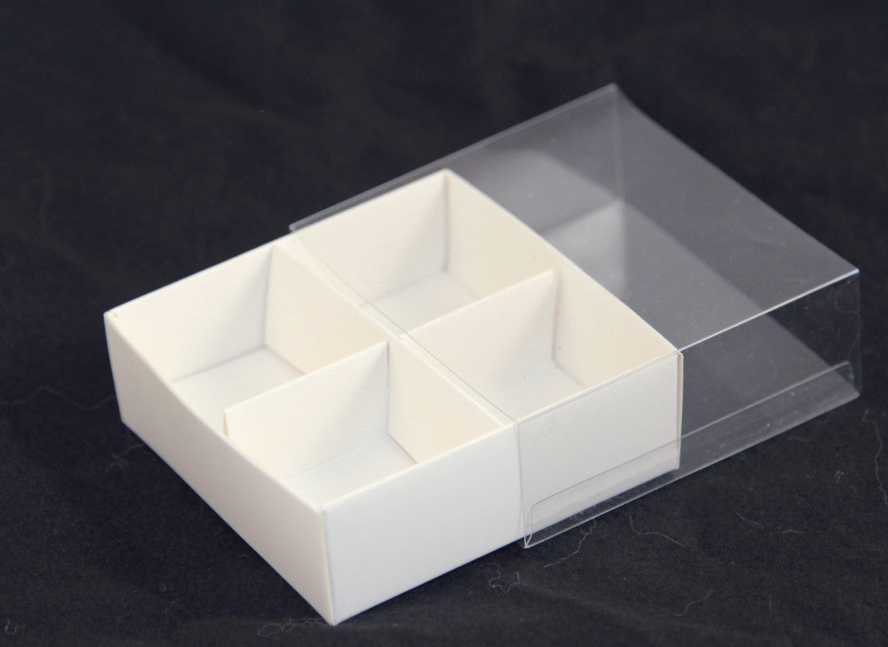 100 Pack of White Card Chocolate Sweet Soap Product Retail Gift Box - 4 Bay Compartments - Clear Slide On Lid - 8x8x3cm