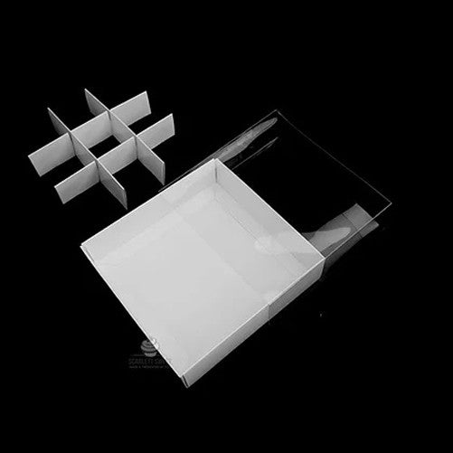 10 Pack of White Card Chocolate Sweet Soap Product Retail Gift Box - 9 bay 4x4x3cm Compartments - Clear Slide On Lid - 12x12x3cm