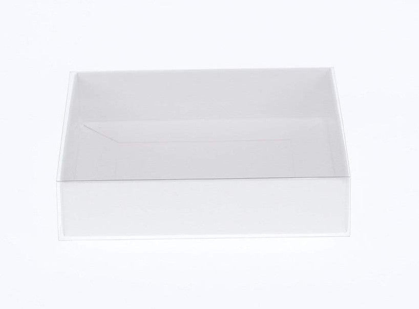 10 Pack of White Card Square Box - Clear Slide On Lid - 20 x 20 x 8cm - Large Beauty Product Gift Giving Hamper Tray Merch Fashion Cake Sweets Xmas
