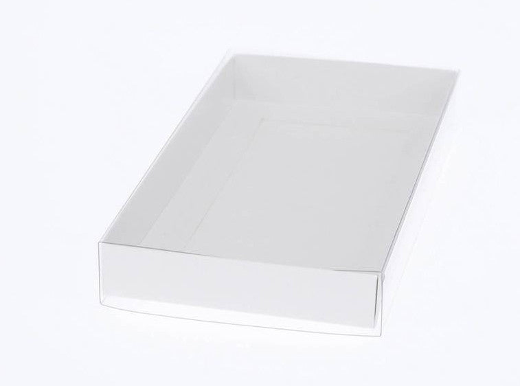 10 Pack of White Card Square Box - Clear Slide On Lid - 20 x 20 x 8cm - Large Beauty Product Gift Giving Hamper Tray Merch Fashion Cake Sweets Xmas