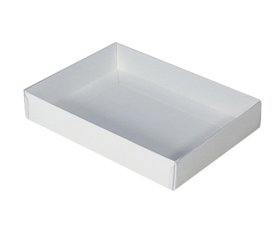 10 Pack of White Card Box - Clear Slide On Lid - 30 x 20 x 8cm - Large Beauty Product Gift Giving Hamper Tray Merch Fashion Cake Sweets Xmas