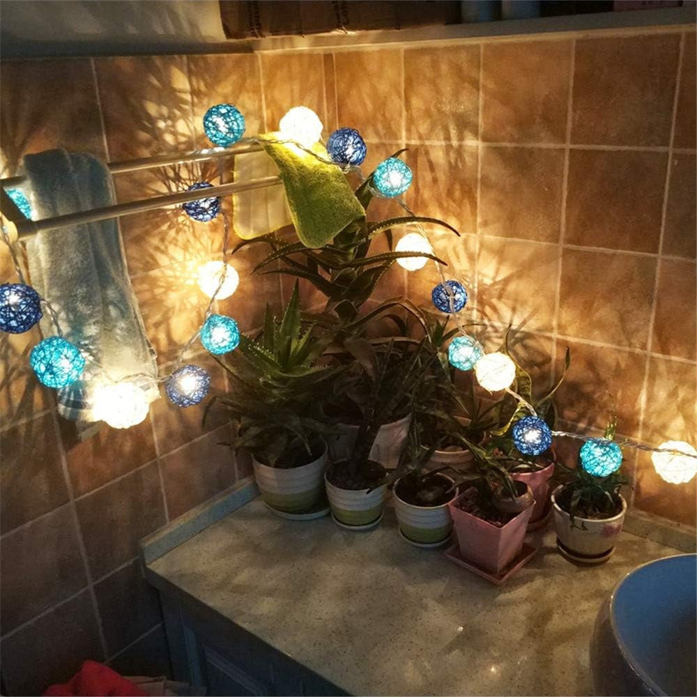 1 Set of Blue n White 5cm Rattan Cane 20 Ball Battery Powered 3m String Lights Christmas Gift Home Wedding Party Bedroom Decoration Table Centrepiece