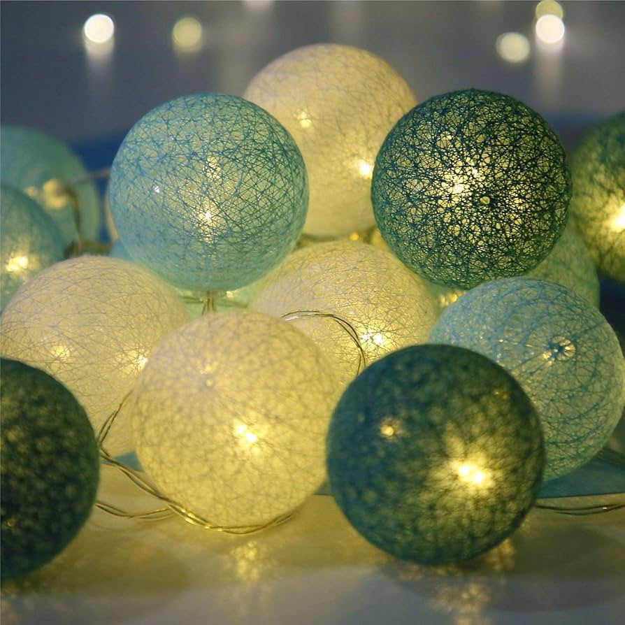 50 Ball Green Mix LONG 5m String Light Battery Box 5cm Cotton Ball Christmas Birthday Garden Special Occasion Decoration