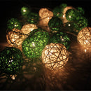 1 Set of Green n White 5cm Rattan Cane 50 Ball Battery Powered LONG 5m String Lights Christmas Gift Home Wedding Party Bedroom Decoration Table Centrepiece