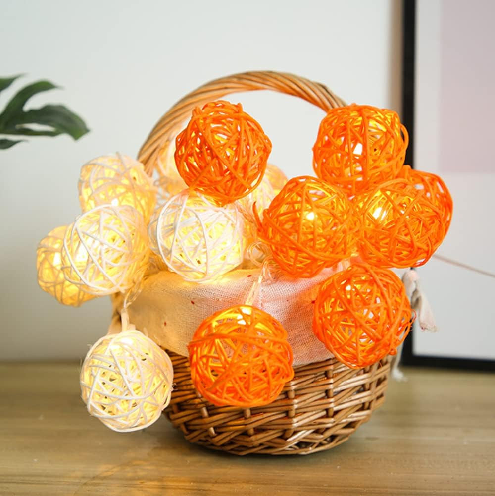 1 Set of Orange n White 5cm Rattan Cane 20 Ball Battery Powered 3m String Lights Christmas Gift Home Wedding Party Bedroom Decoration Table Centrepiece
