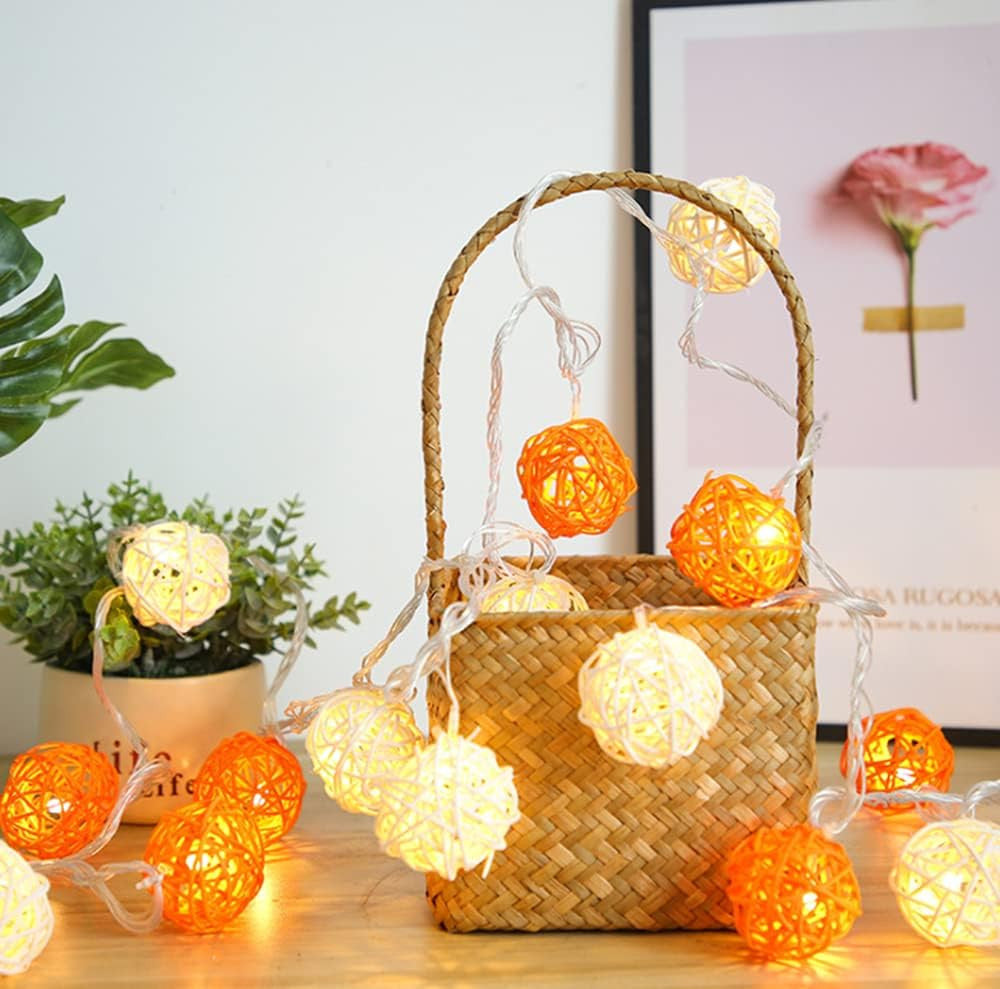 1 Set of Orange n White 5cm Rattan Cane 20 Ball Battery Powered 3m String Lights Christmas Gift Home Wedding Party Bedroom Decoration Table Centrepiece