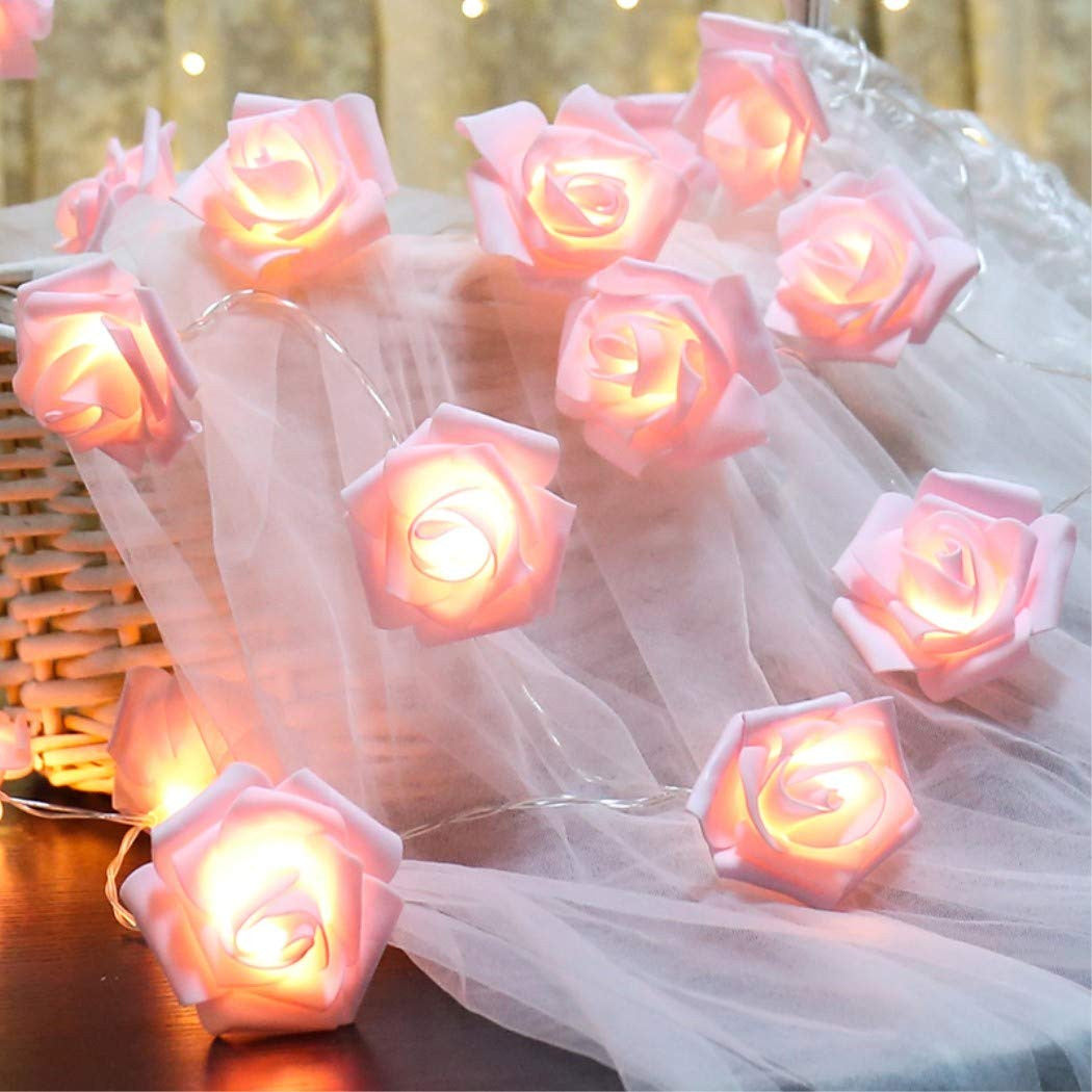 20 Pink Rose 3D Fairy Lights 3M String, Battery (AA) Indoor & Outdoor Decorations Wedding Valentines Romantic Room Table Lighting