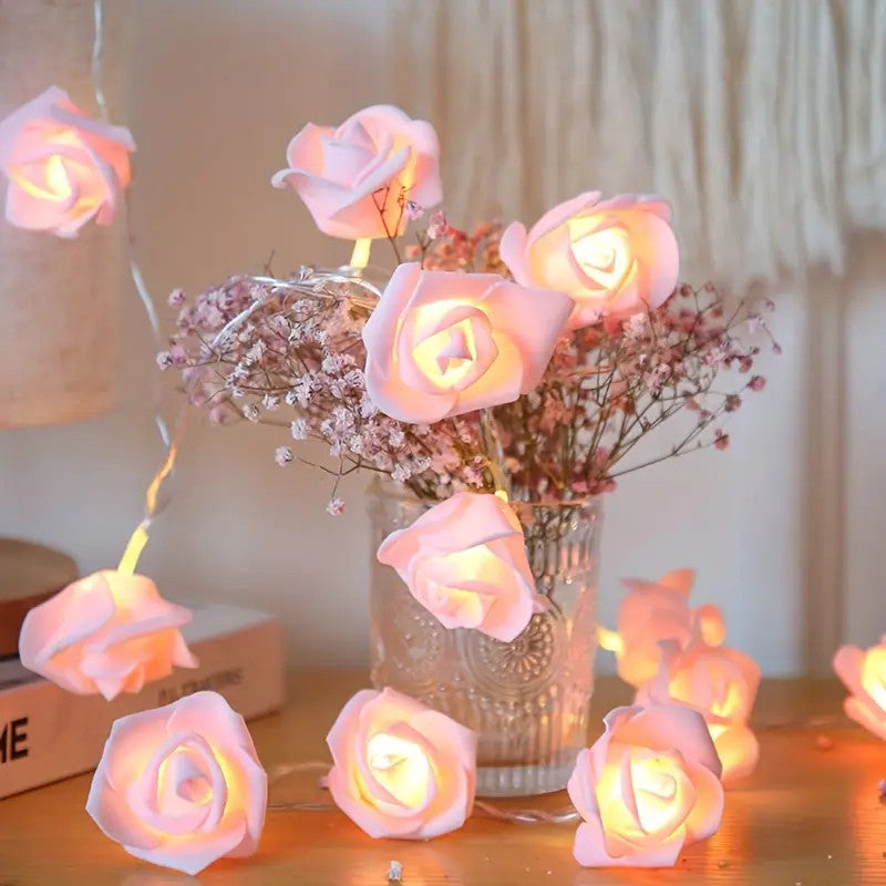 50 Pink Rose 3D Fairy Lights 5M LONG String, Battery (AA) Indoor & Outdoor Decorations Wedding Valentines Romantic Room Table Lighting